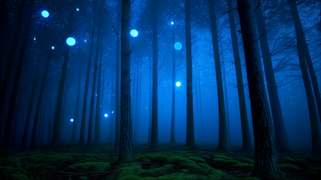 Whispers in the Pines: The Mysterious Lights Over Hollowbrook and the Farmer's Unseen Encounter - Weird Tales Illustration