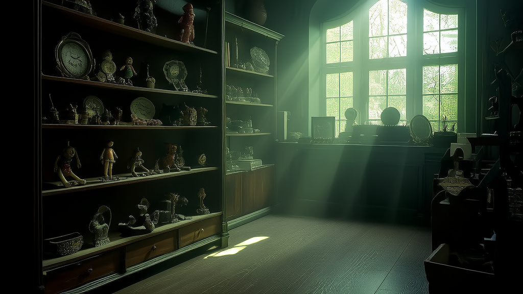 The Whispering Vault: A Woman's Journey Through the Mysterious Antiques of Elmsworth - Weird Tales Illustration