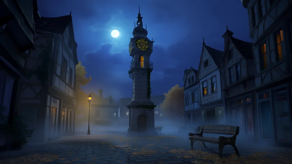 The Silent Chime of 8:17 in the Town Square's Forgotten Clock - Weird Tales Illustration