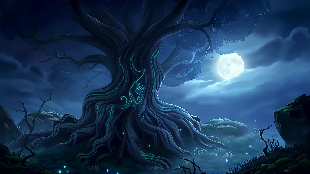 月圆夜，老槐树下的低语与刻痕 - Weird Tales Illustration