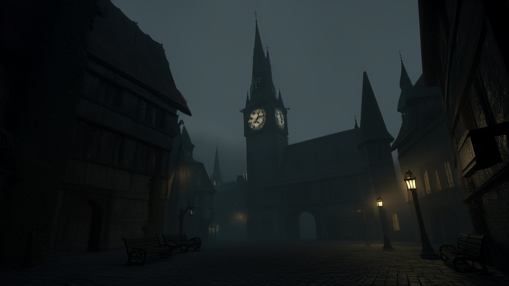 The Clock Tower Ticks Backward in the Fog-Cloaked Town of Eldermoor - Weird Tales Illustration