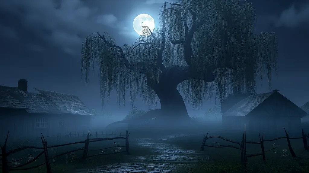 月圆夜，老槐树下的神秘影子 - Weird Tales Illustration