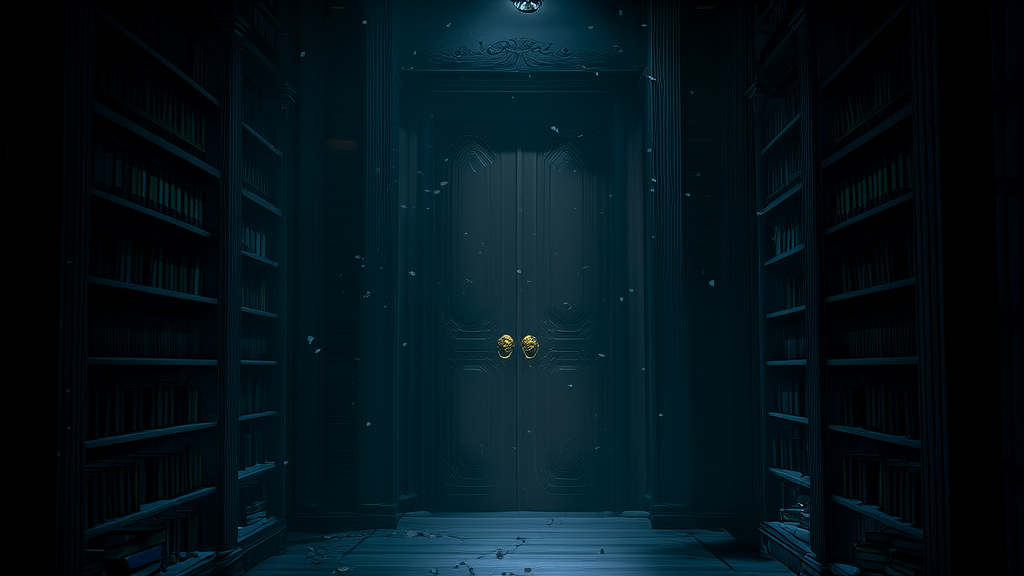 The Door That Never Opened in the Hall of Forgotten Books - Weird Tales Illustration
