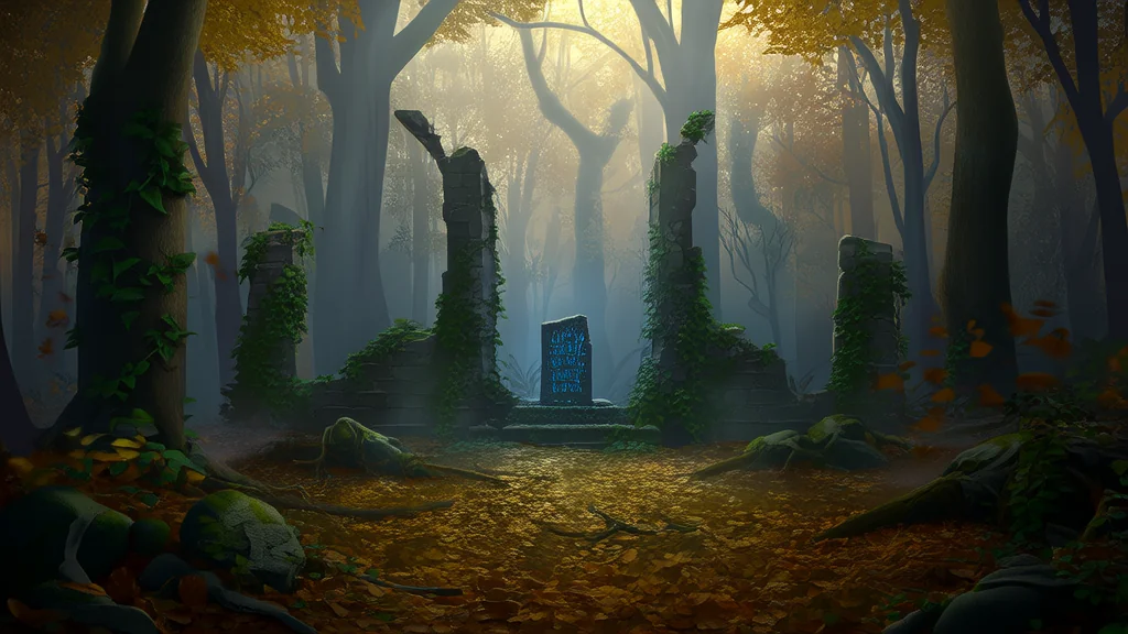 石碑低语，异兽凝视的深秋奇遇 - Weird Tales Illustration