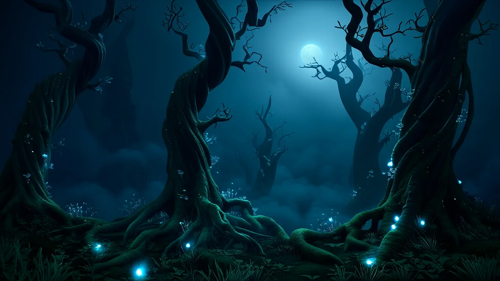 The Whispering Lights of Eldridge Hollow: A Nighttime Mystery in the Old Forest - Weird Tales Illustration