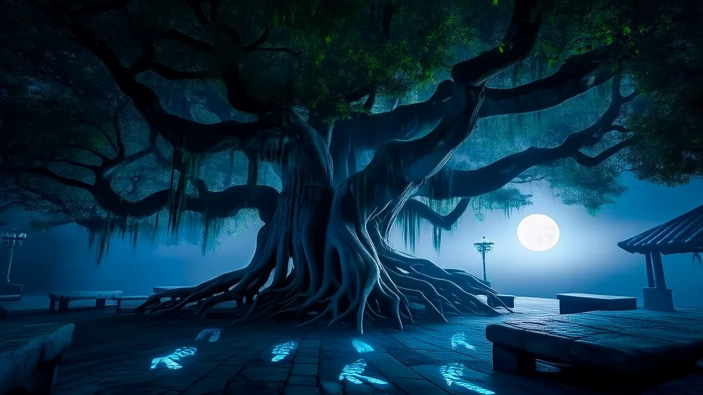 榕树低语：消失的影子与月圆脚印 - Weird Tales Illustration