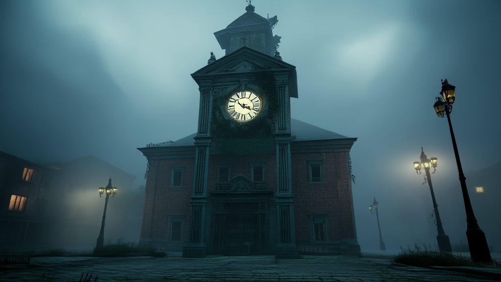 The Silent Chime of 7:13 PM: A Clock That Whispers to No One in the Town Square - Weird Tales Illustration