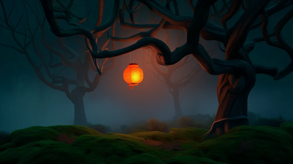 The Whispering Trees and the Red Lantern of Elmsworth - Weird Tales Illustration