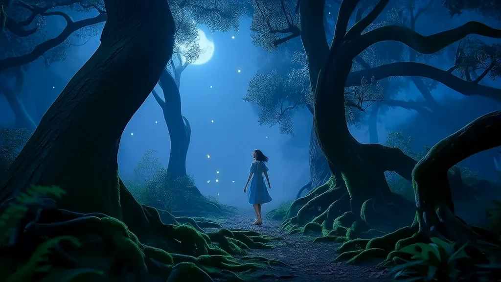 Whispers from the Forgotten: A Girl's Nighttime Journey Through an Ancient, Misty Forest - Weird Tales Illustration