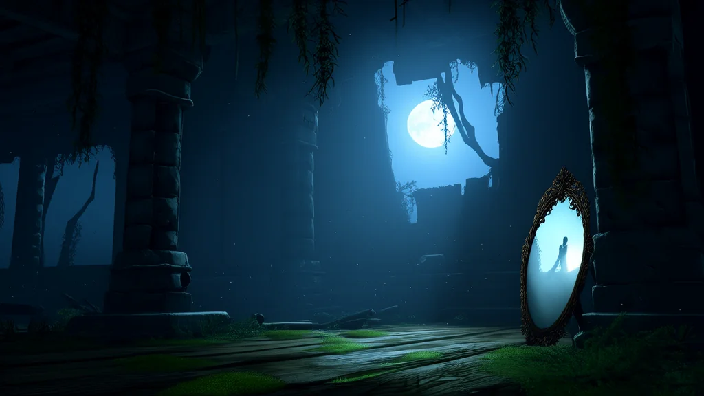 古庙低语，镜中人影浮现 - Weird Tales Illustration