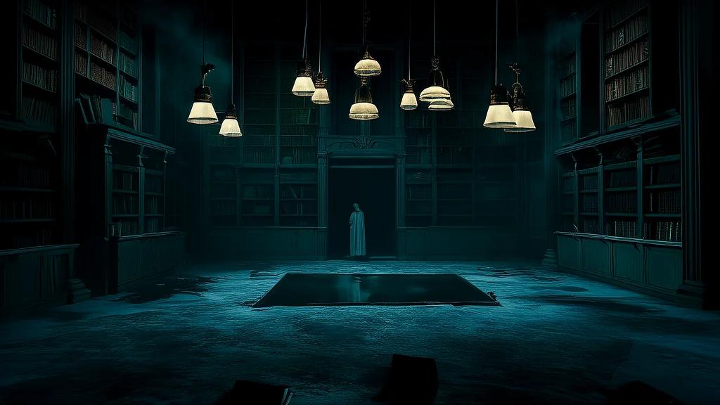 深夜图书馆的诡异书页与镜湖倒影 - Weird Tales Illustration
