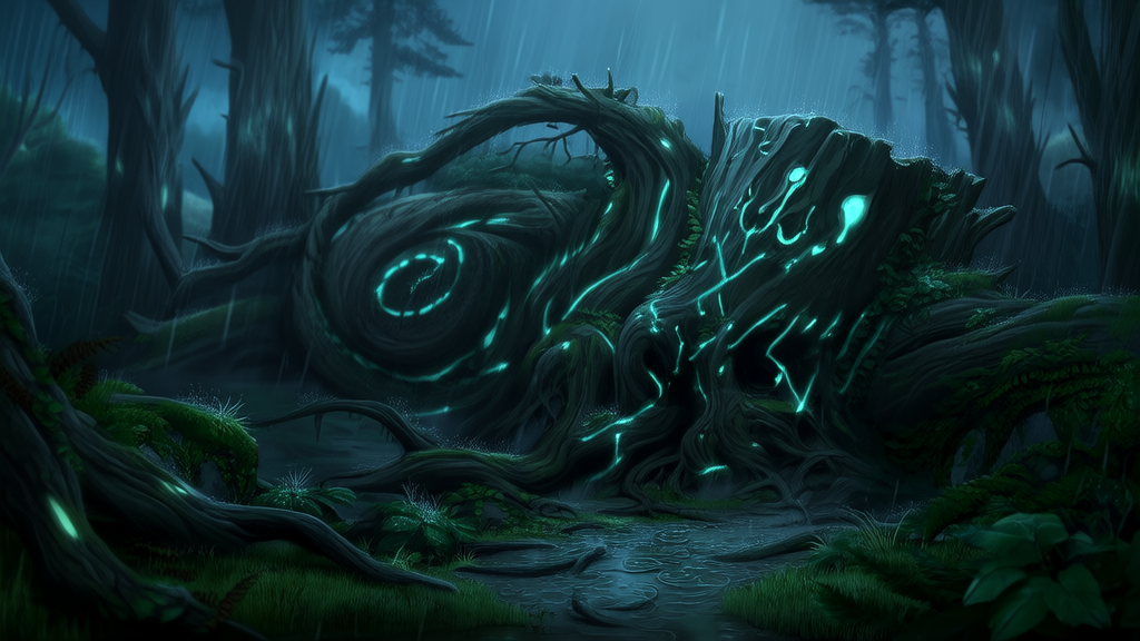 深秋雨夜，白狐凝视的神秘古树 - Weird Tales Illustration