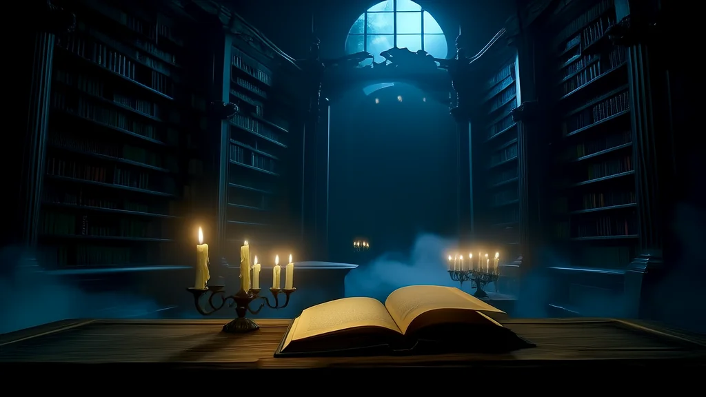 深夜图书馆的神秘之书与镜界入口 - Weird Tales Illustration