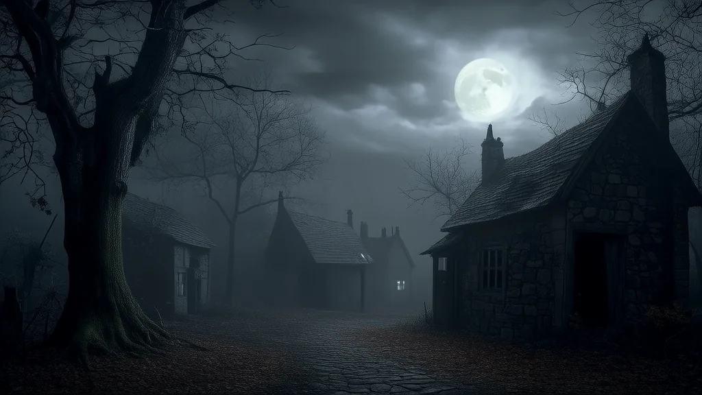 月圆夜，废弃村中的模糊身影 - Weird Tales Illustration