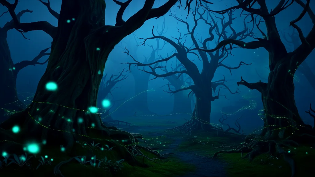雾林低语：萤火虫引路的神秘之旅 - Weird Tales Illustration