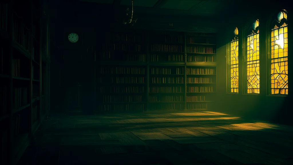 The Clock That Ticks Back: Secrets of the Abandoned Library at 8:17 - Weird Tales Illustration