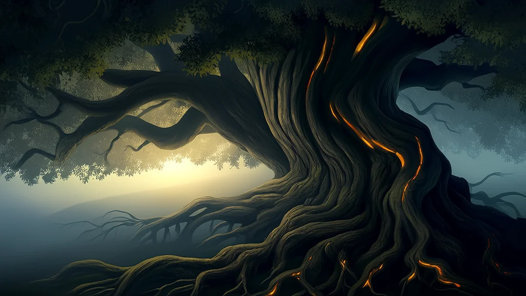 The Whispering Roots of the Hollow Tree in Eldergrove's Autumn Fog - Weird Tales Illustration