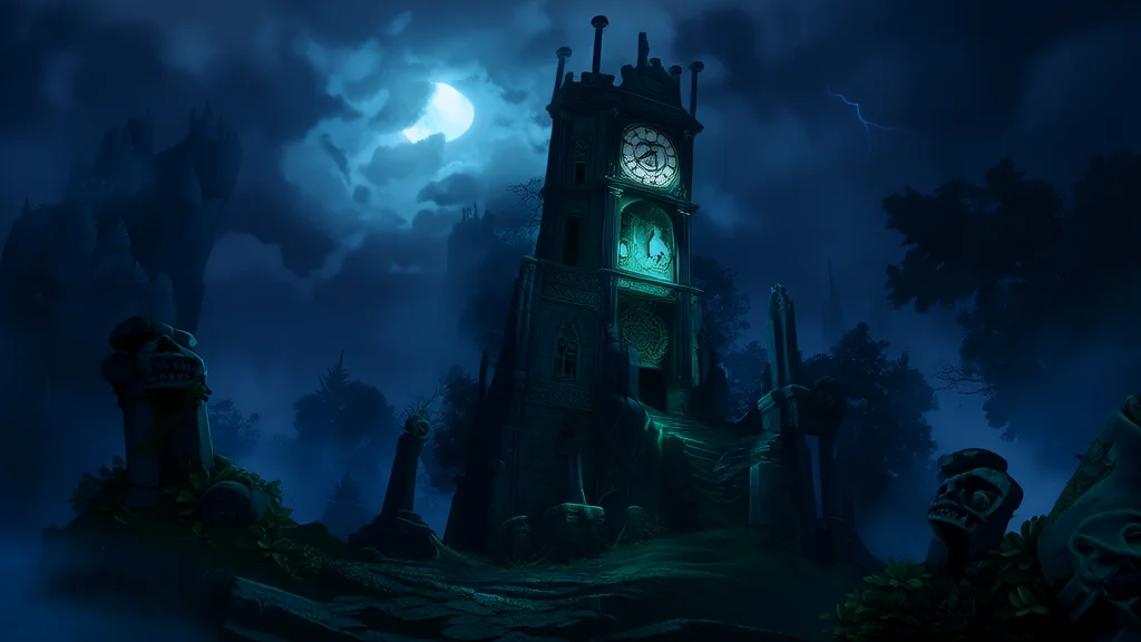 雨夜钟楼的蓝光与神秘符号 - Weird Tales Illustration