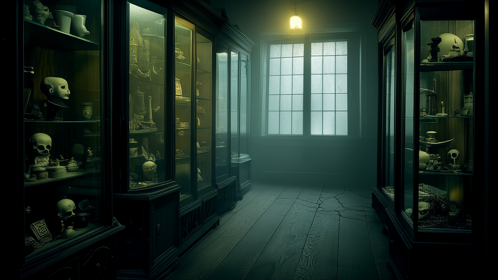 The Whispering Curio Cabinet and the Woman Who Never Left - Weird Tales Illustration