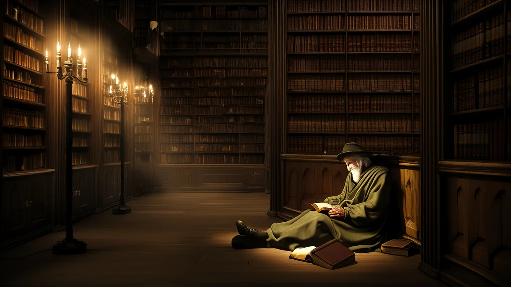 The Silent Guardian of the Library: A Man Who Never Left His Seat Despite the Passage of Time - Weird Tales Illustration