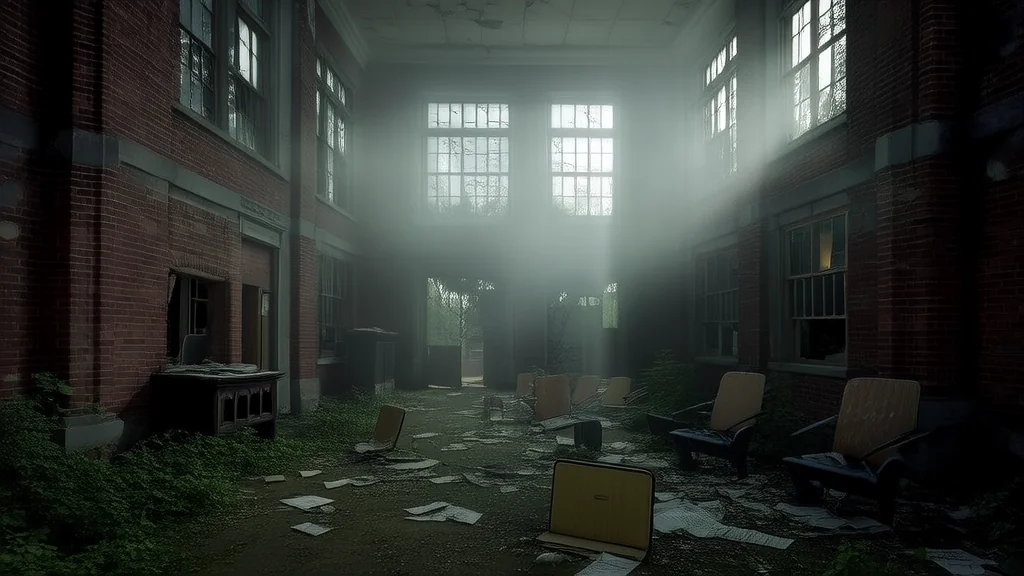 Whispers of the Forgotten: The Haunting Secrets of the Abandoned High School - Weird Tales Illustration