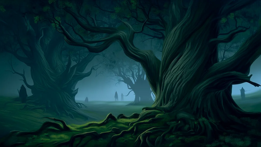 The Whispering Woods of Elmsworth and the Unseen Curse That Lurked in the Shadows - Weird Tales Illustration