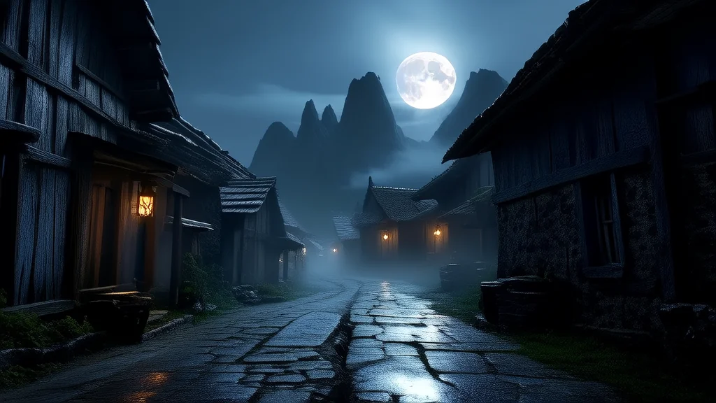 Whispers of the Silent Village Beneath the Oil-Paved Moon - Weird Tales Illustration