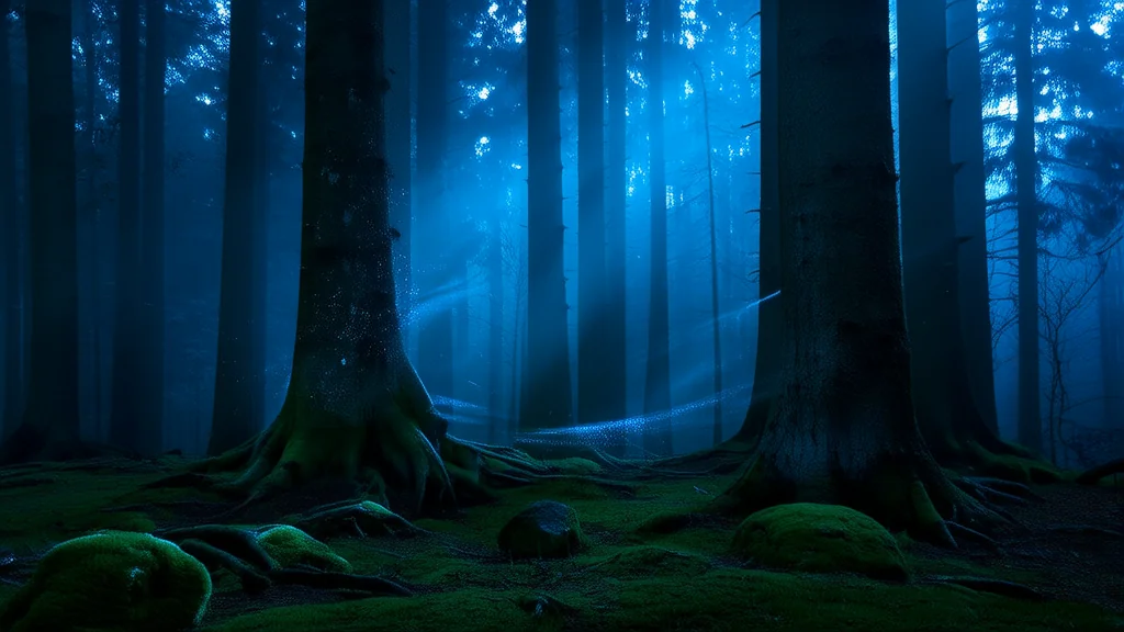 山林夜影：雾中幽光与无声低语 - Weird Tales Illustration