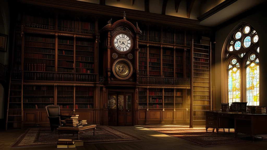 The Clock That Stopped at 7:13 in the Library of Forgotten Time - Weird Tales Illustration