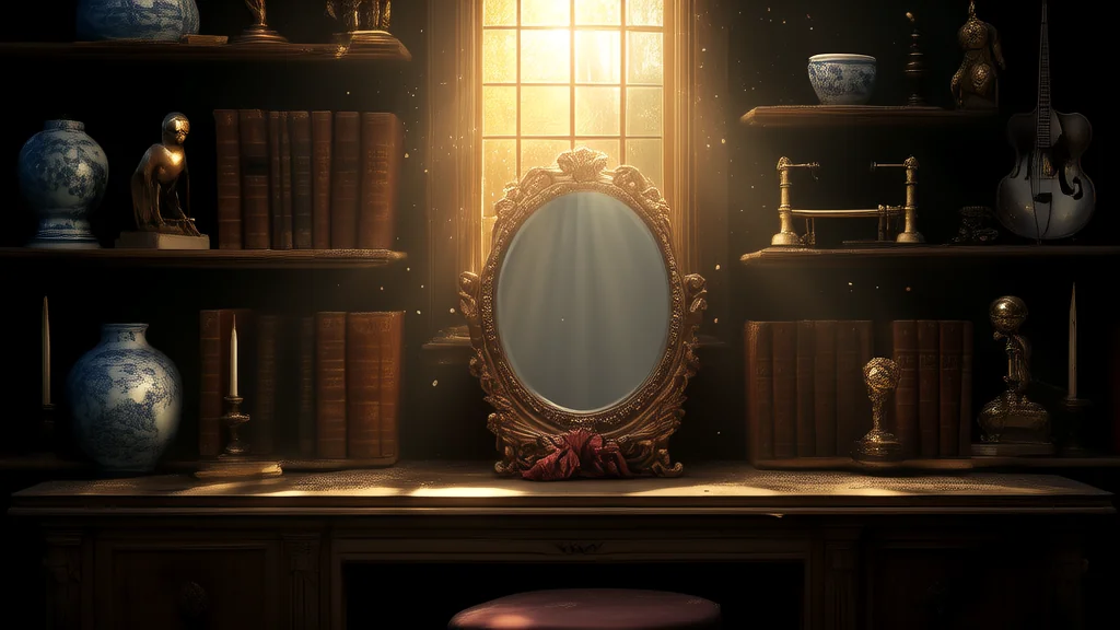 The Whispering Mirror in the Dusty Antiques Shop - Weird Tales Illustration