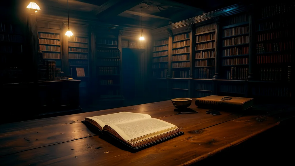 深夜图书馆的神秘日记与扭曲树影 - Weird Tales Illustration