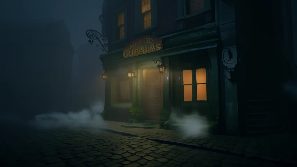 The Whispering Shop in the Fog: A Tale of Eldergrove's Hidden Door - Weird Tales Illustration